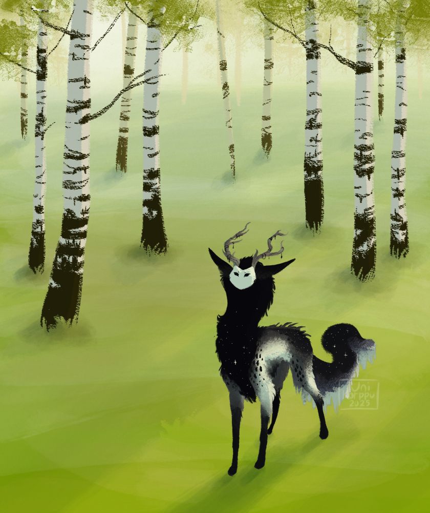 A lineless fullbody illustration of of a black, white and grey forest spirit character. They have two antlers and a long tail. They are standing in a birch forest, looking up. The character belongs to Ellohcee.