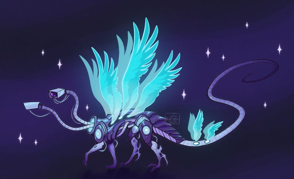 A fullbody illustration of a purple, blue and white robot character. Their body is shaped similiar to that of a dragon. They have three pairs of big, blue, transparent wings on their back and two pairs of smaller ones on their tail. The robot has two heads that end in cameras. They are walking forward and looking around curiously, with some stylished stars surrounding them. The character belongs to Denryu.