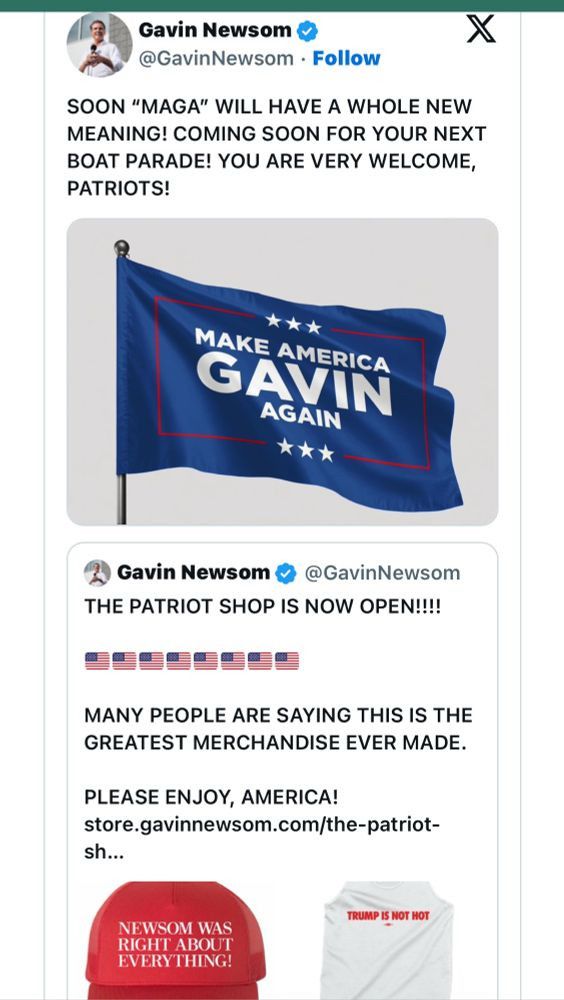 Tweet with picture of Gavin, Newsom merchandise, flag, hat, etc.