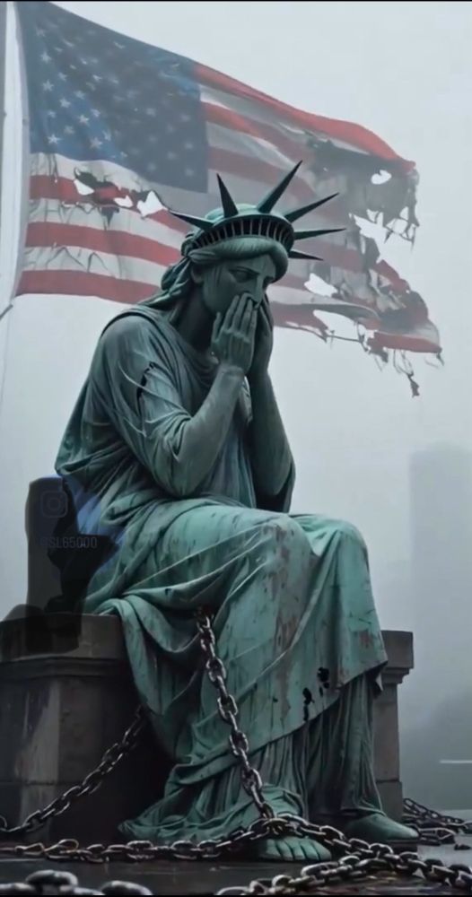 Seated Lady Liberty in chains, holds her hands over her face in front of a tattered American flag. 