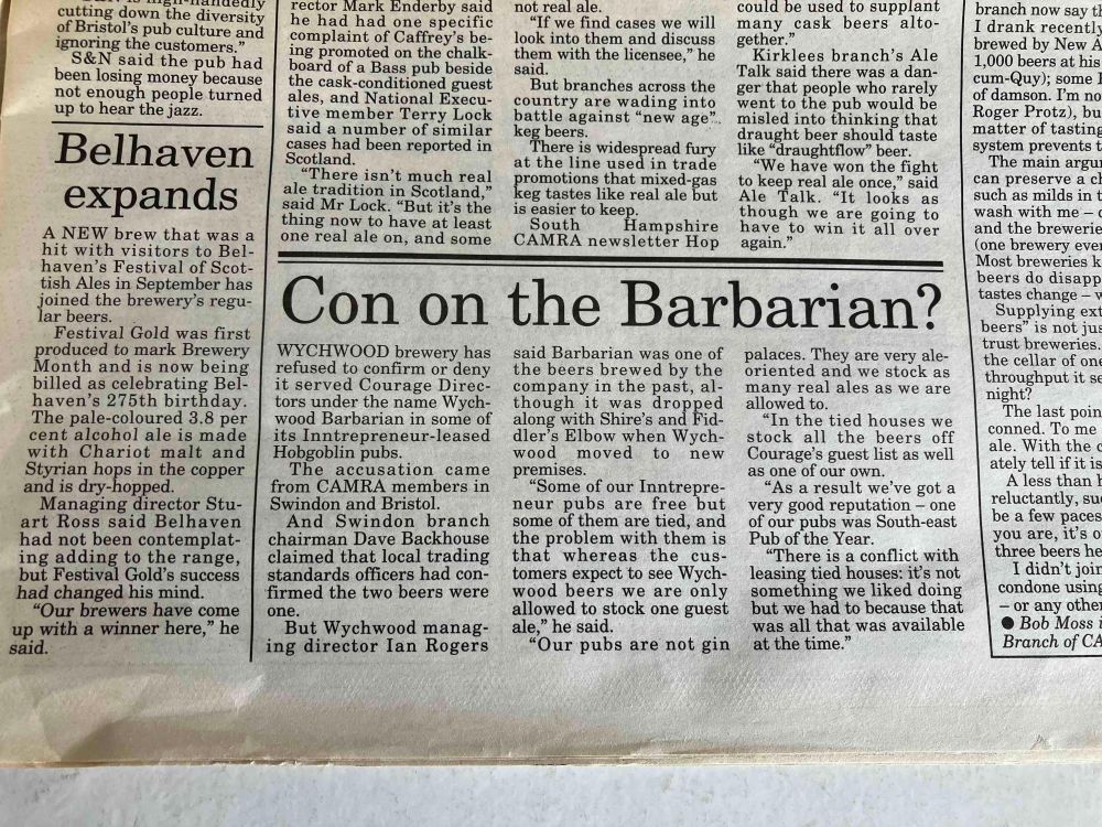 Image of an article in CAMRA's What's Brewing newspaper from 1995 about Wychwood Brewery selling Courage Directors as one of its own beers called Barbarian. The headline reads: Con on the Barbarian?
