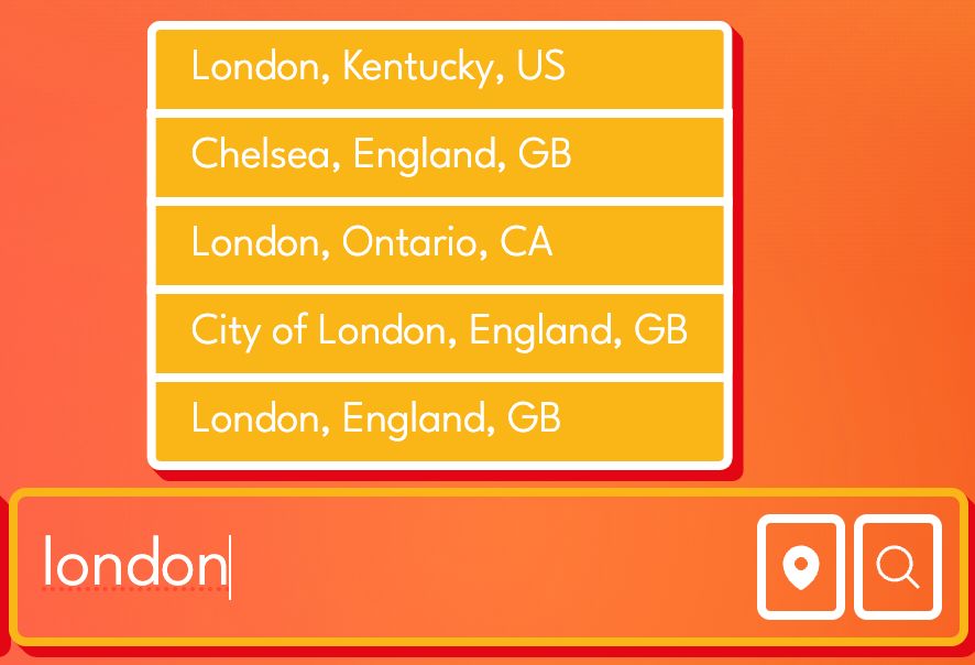A screenshot of a location search for London, showing results in Canada, the United States, the City of London, and London.