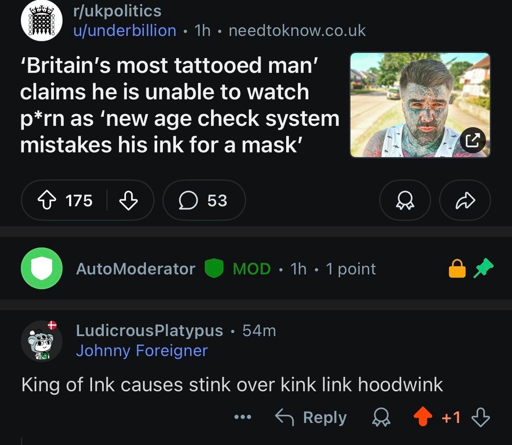 A screenshot of a Reddit post about a heavily tattooed man who can’t use age verification because of his tattoos. 

