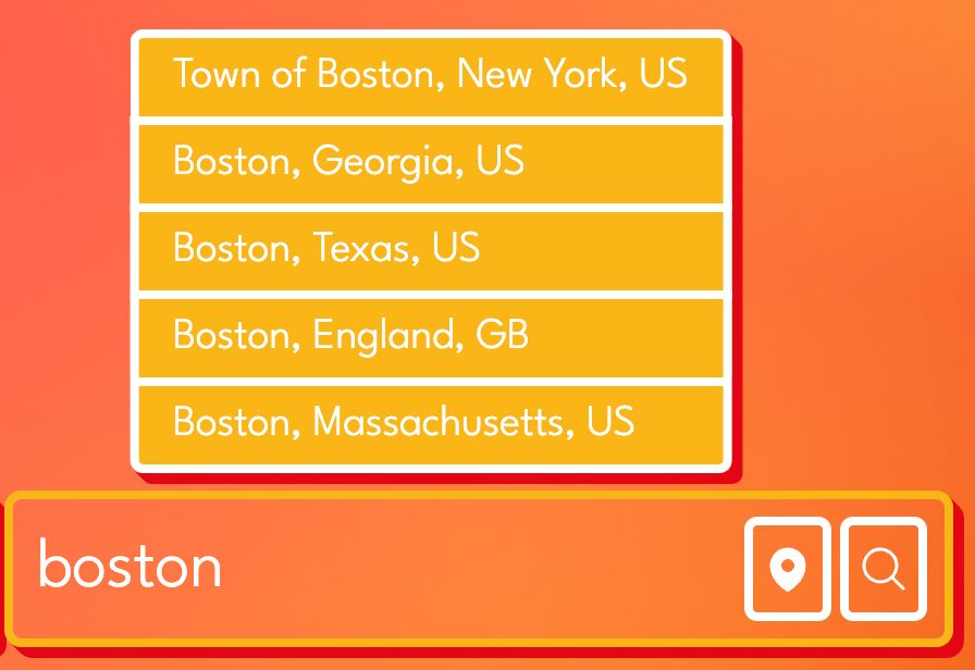 A screenshot of a location search for Boston, showing 4 results the United States and 1 in the UK.