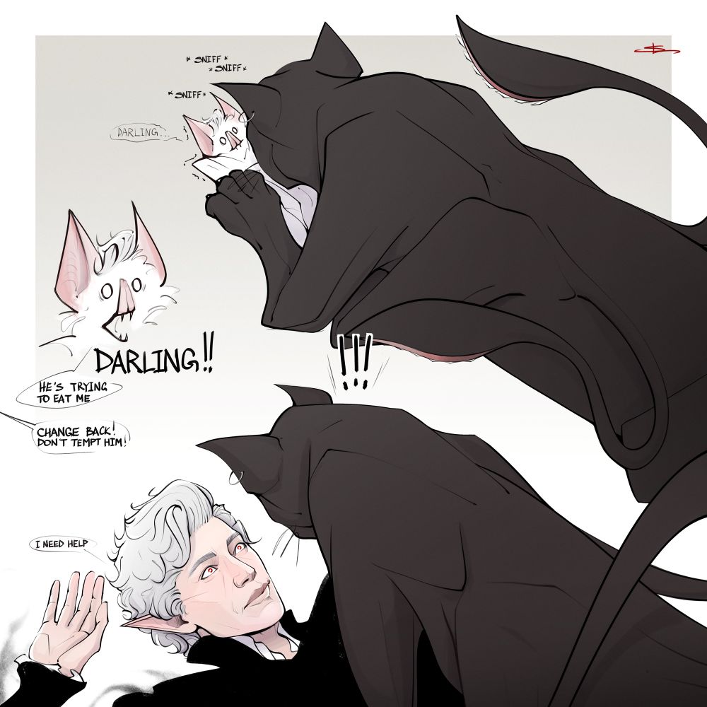 a drawing of Astarion from Baldur’s Gate 3, featuring his bat form. He is trying to build a bond with displacer beast companion, Abyssus. On the upper composition Abyssus pins Batstarion to the floor. Batstarion panics and screams for help. Tav behind the scenes advises him to change form. Astarion now finds himself pinned to the floor by Abyssus and panics further because he is face to face with displacer beast 