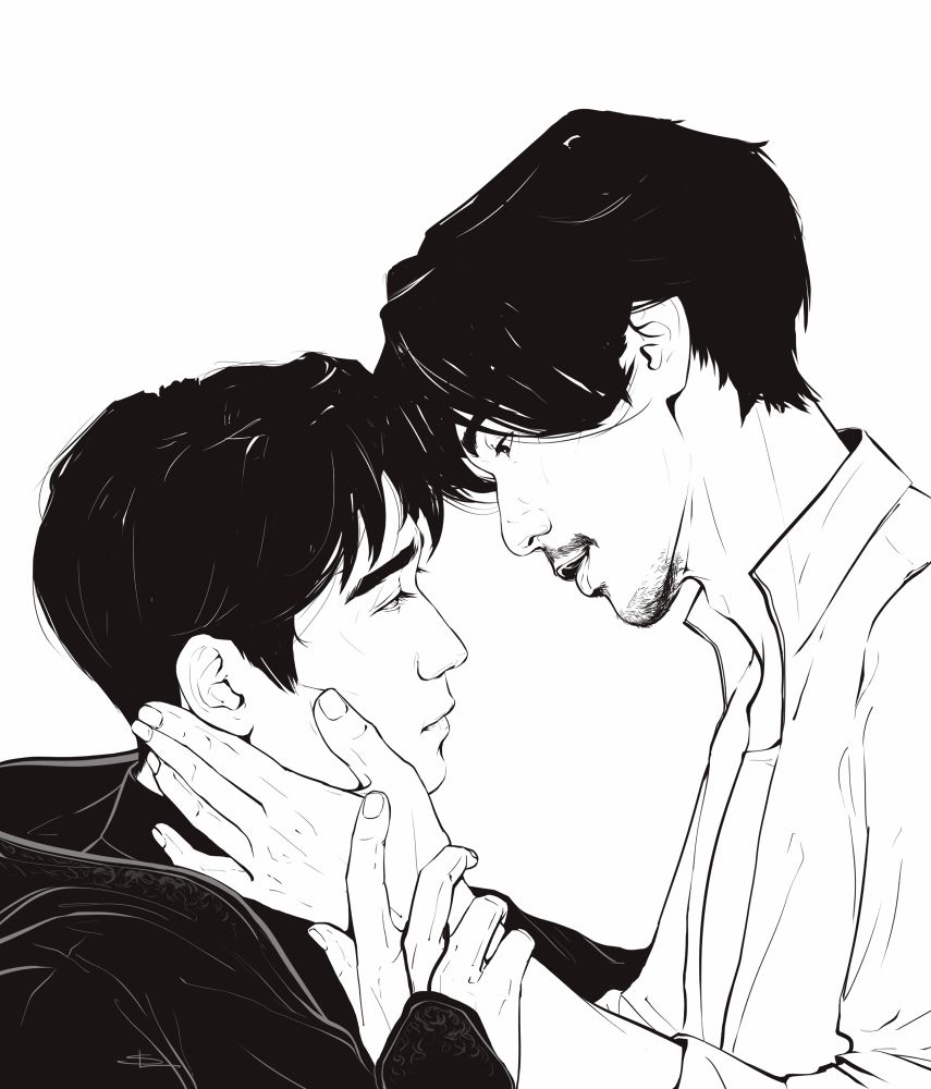 Black and white drawing of characters from Zhen hun BL novel and Cdrama “Guardian”, Shen Wei and Zhao Yunlan. Zhao Yunlan is touching Shen Wei’s face tenderly, while Shen Wei is holding his wrist 