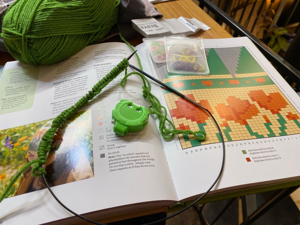 Circular knitting needles on a knitting pattern. 