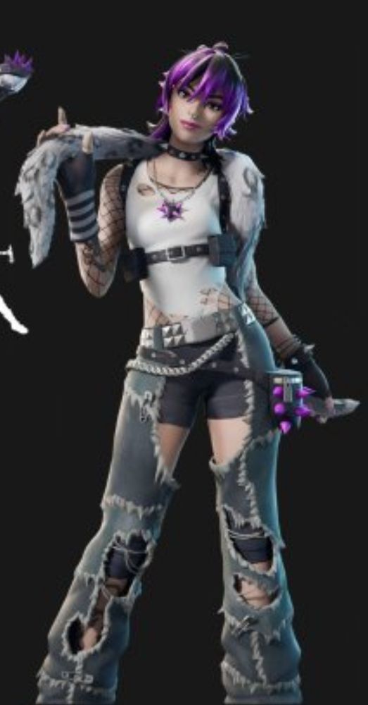 a blurry screenshot of an upcoming fortnite shop skin of a girl with messy black and purple hair, a spike collar on her neck, a white shirt torn in many areas with black fishnets underneath, a bluntly studded silver belt around her waist, and a pair of what appears to be the remaining shreds of a pair of jeans. she also holds what looks like a furry wolf tail shawl or scarf of some kind around the back of her neck, resting on her shoulders with a confident smirk.