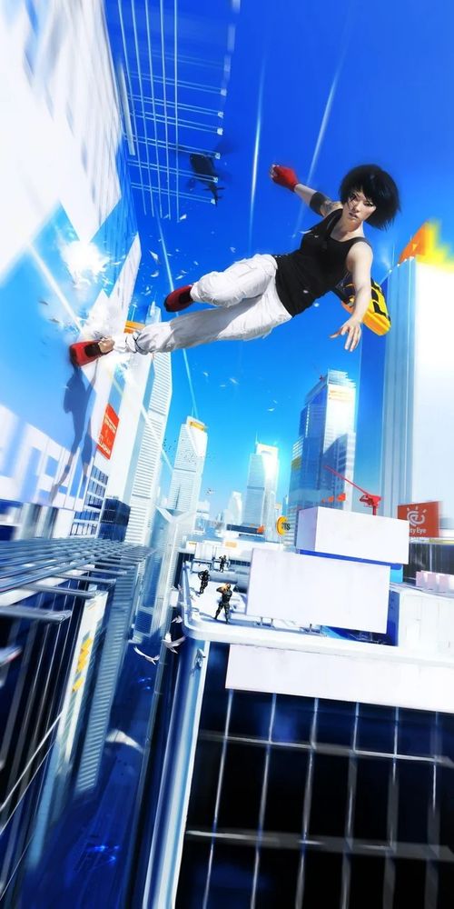 Artwork for the original Mirror’s Edge game from 2008. A woman is wallrunning across a billboard high above dense city streets, carrying a messenger bag. In the distance behind her, a heavily-armored militarized police squad is standing at the edge of a rooftop, shooting live ammunition at her.
