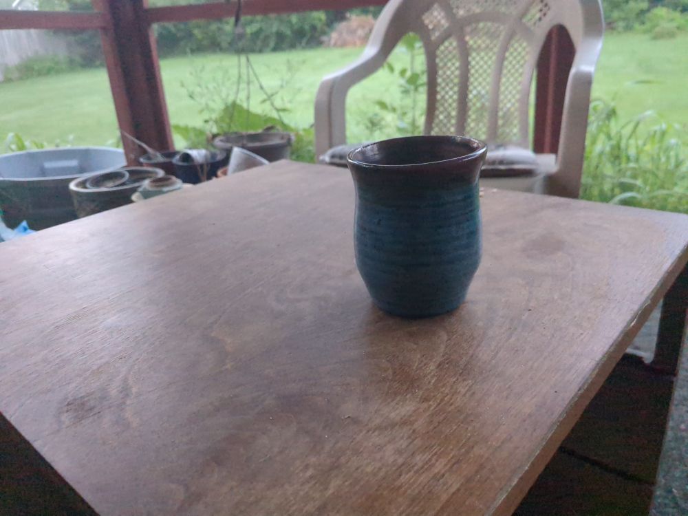 A cup of coffee on a table in a screen porch. In the background we see grass and trees.