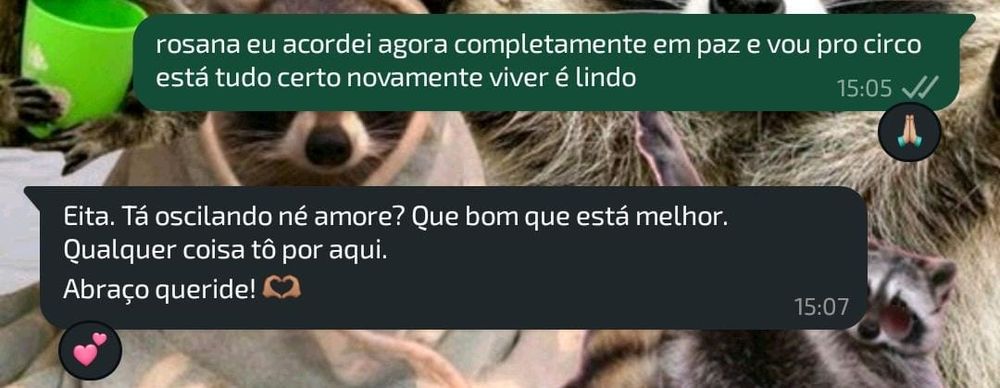 [27/2 15:05] moxxie: rosana eu acordei agora completamente em paz e vou pro circo está tudo certo novamente viver é lindo
[27/2 15:07] rosana (caps): Eita. Tá oscilando né amore? Que bom que está melhor. Qualquer coisa tô por aqui. 
Abraço queride! 🫶🏽