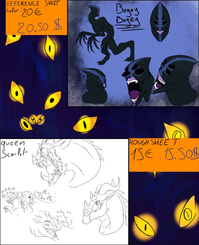 Pricing
 * Reference Sheet: 20€/ 20.50$ (color)
 * Rough Sheet: 15€/15.50$ (rough)