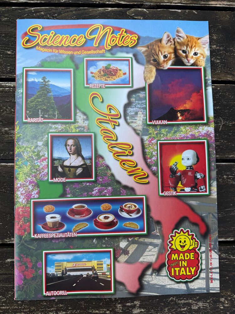 Cover der aktuellen Science Notes zum Thema „Italien“ (https://sciencenotes.de/shop/15-italien/), Stil: Mischung aus Ausflugsflyer und Boulevardmagazin