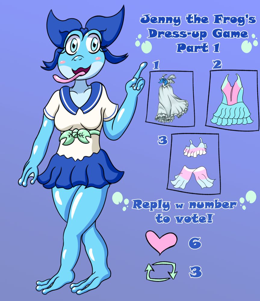 Jenny the Frog's dress up game! Reply with a number to vote for which outfit you want to see her wear next!