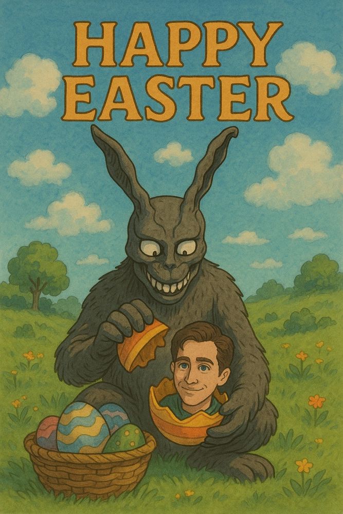 Bunny or rabbit from Donnie Darko opening an Easter egg and inside is famed actor Jake Gyllenhaal