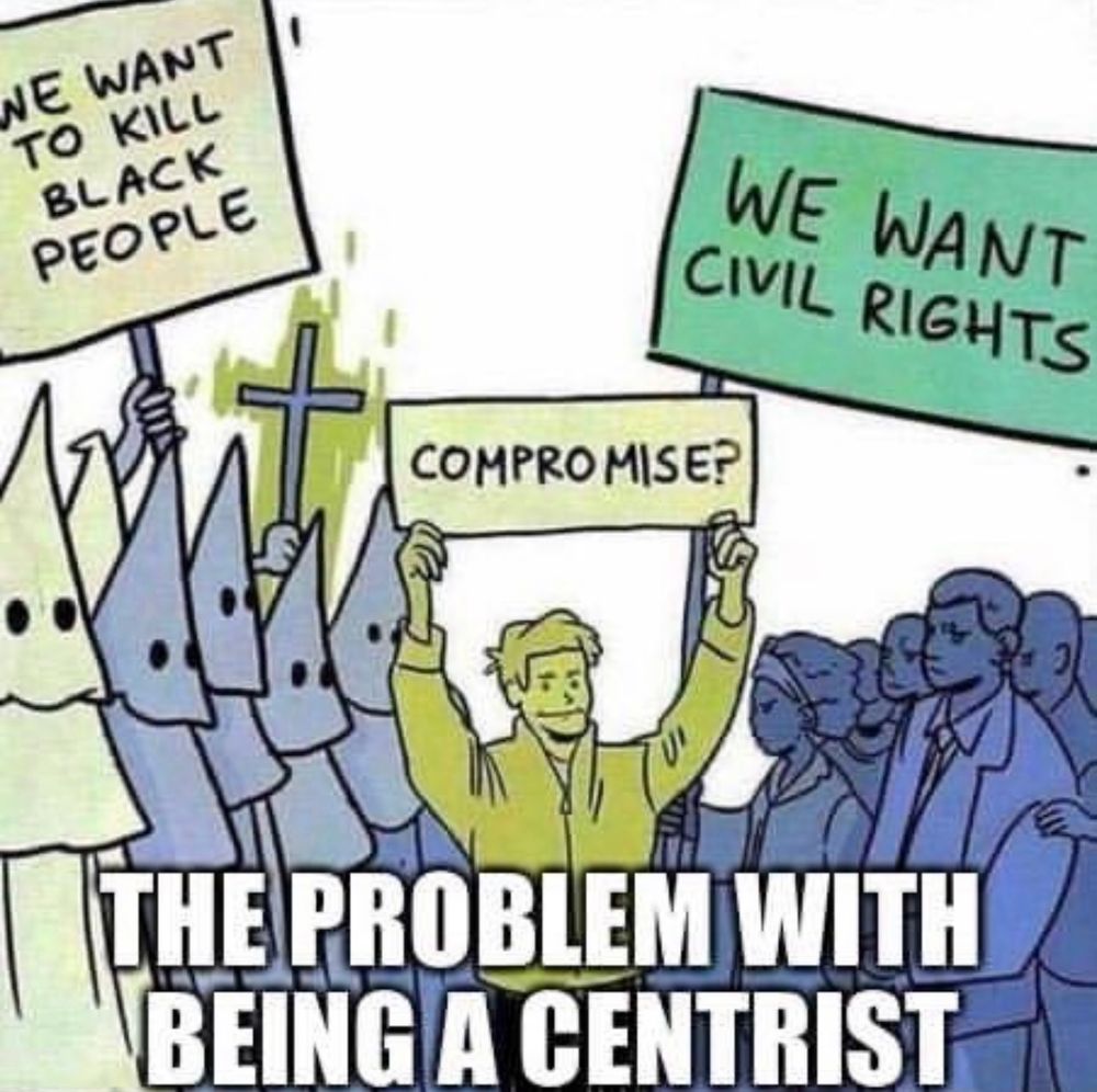 On left side, KKK members with signs say they want to k*ll black people, while on the right side another group holds a sign which says «We want Civil Rights». In the middle is a single man who holds a sign which says. «Compromise?»