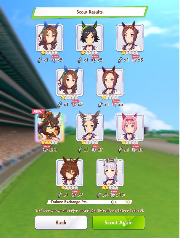 A showcase of umamusume profiles behind a horserace track background.