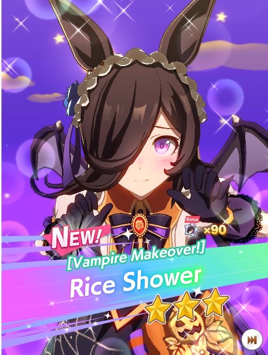 Horse girl as a pretty vampire with Halloween themed dress. 
Caption: NEW! 
[Vampire Makeover!]
Rice Shower