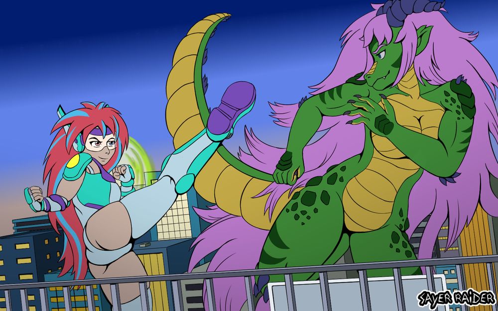 Giantess training battle scene between a human heroine and a Kaiju Girl