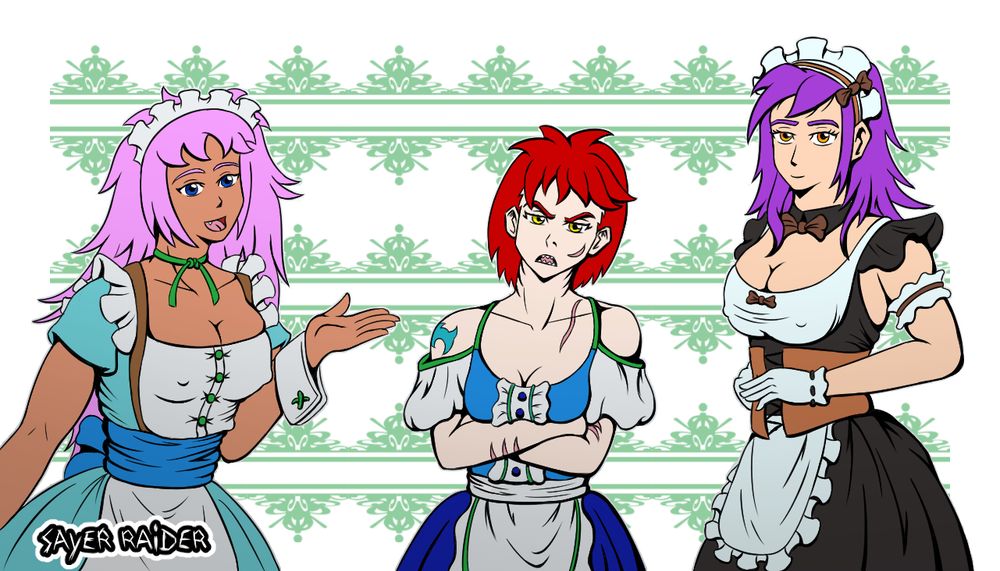 Melwa, Yuhlme and Lyvdrun dressed in maid outfits. Melwa gestures to the right with a happy expression, Yuhlme stares at the front with an annoyed expression and Lyvdrun stands with a welcoming smile