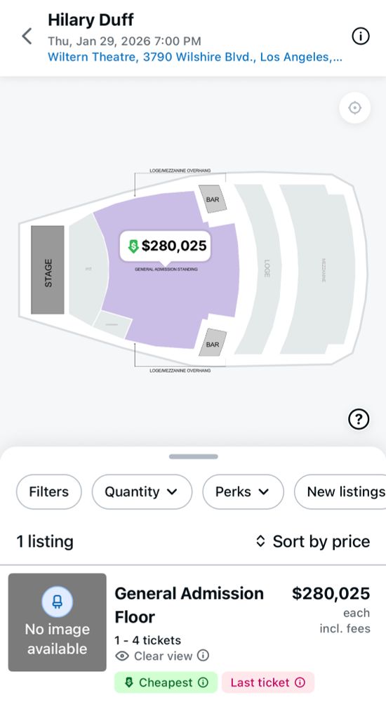 Screenshot from StubHub, showing a Hilary Duff ticket priced at $280,025