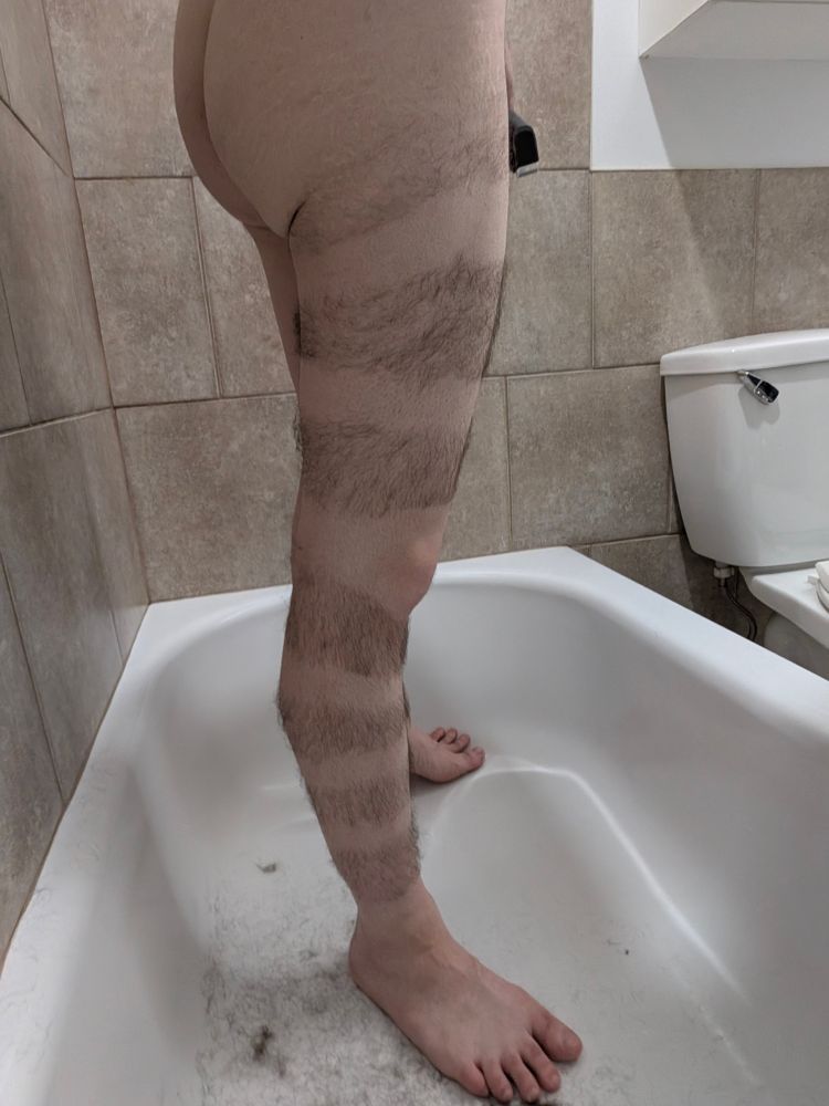 A picture of one of my leg, shaved in a way that has a pattern alternating between a shaved band and an unshaved band

This time viewed from the side
