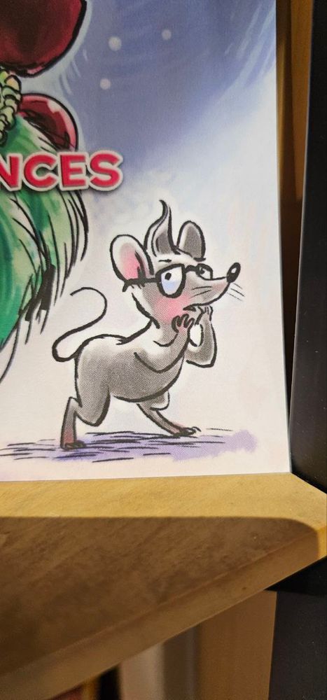 A photo of a drawing of a semi-anthropomorphic mouse wearing glasses in a cute hunched over pose, his hands on his face