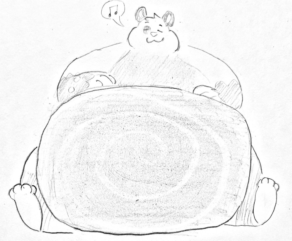 A big, round Tobo, sitting down and happily drumming his massive belly.
