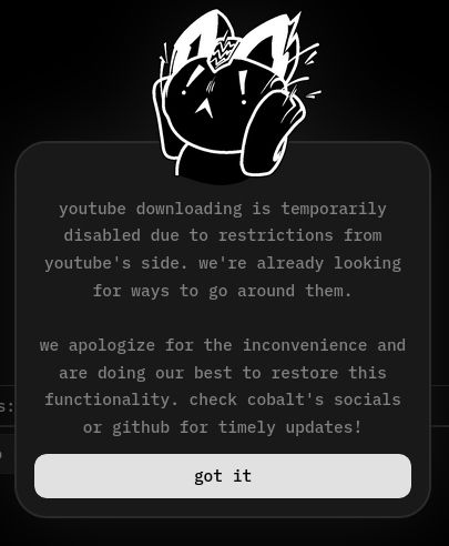from cobalt.tools:
youtube downloading is temporarily disabled due to restrictions from youtube's side. we're already looking for ways to go around them.

we apologize for the inconvenience and are doing our best to restore this functionality. check cobalt's socials or github for timely updates!