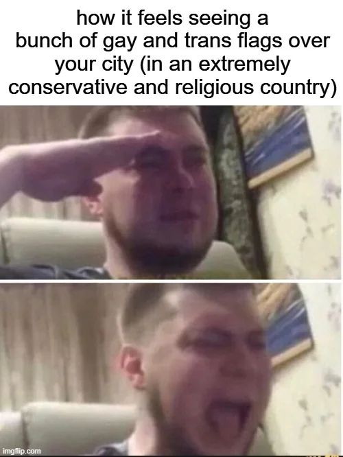 top caption: "How it feels seeing a bunch of gay trans flags over your city (in an extremely conservative and religious country) "
bottom image of Ozon's Salute meme