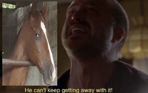 "He can't keep getting away with it" scene from Breaking Bad, edited to have a horse giving side-eye on the corner. 