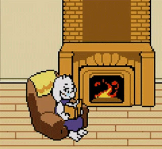 a pixel art drawing of a goat sitting in front of a fireplace