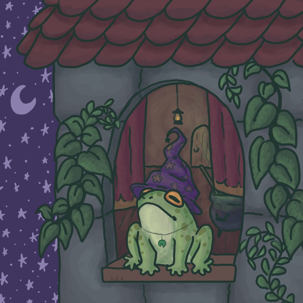 A frog, with a wizard's hat on, sitting upon a ledge of his wizard tower at night! He has a cauldron behind him with some sort of concoction brewing while he contemplates wizardry!