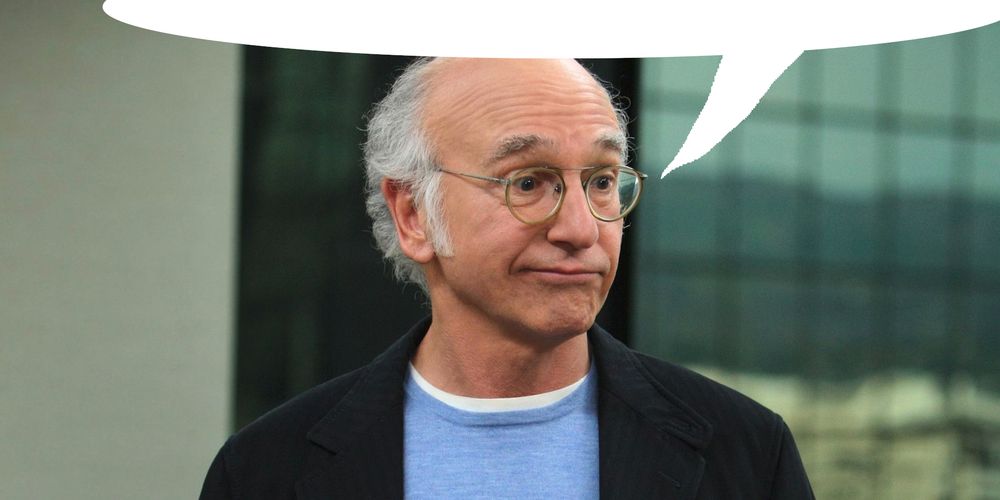 larry david with a speech bubble above him
