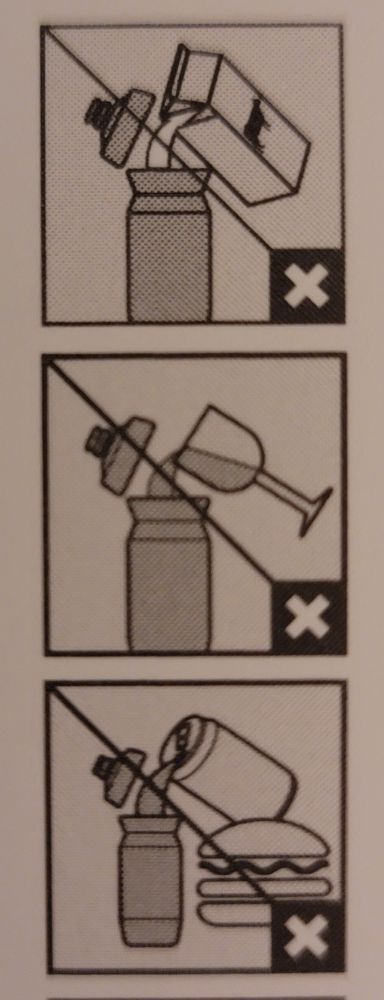 A set of 3 square images of things the manufacturer does not want me to put in my new bottle. Each image has a diagonal line crossing it out leading to an x in the bottom right corner.
1. Depicts a carton of milk being poured in the bottle
2. Shows a glass of wine being poured in the bottle
3. Shows an open bottle next to a hamburger while a can of presumably soda is poured into it