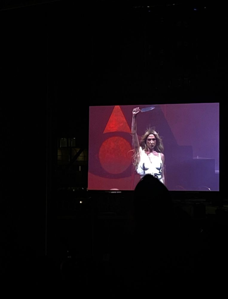 A pic of Kesha holding up a fake knife on the big screen at her concert 