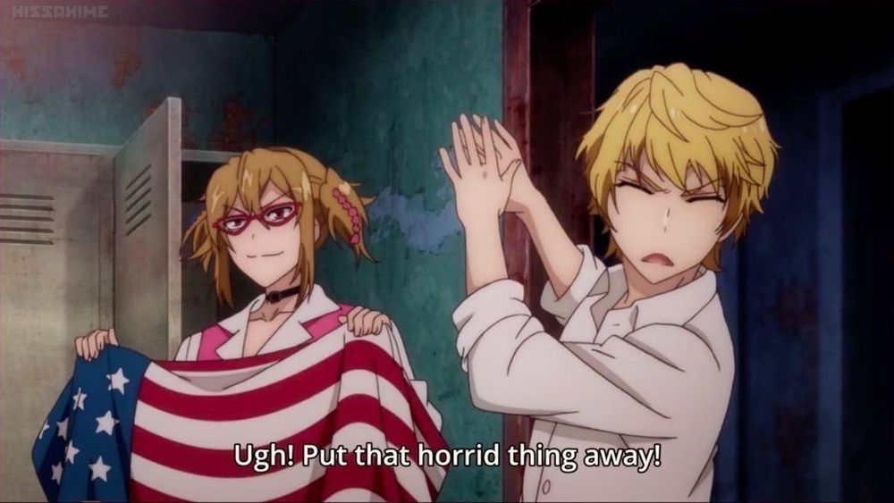 Screenshot. Two anime characters, one holding an usa flag and the other turning away in disgust, saying "Ugh! Put that horrid thing away!" 
