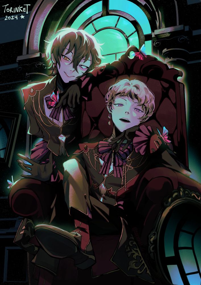 Characters from hit game ensemble stars, members of valkyrie, in a downward angle. Shu is sitting on an antique chair with his legs crossed and leaning on his hand while Mika is standing to the left of the chair and leaning on it. The scene is illuminated by a big window behind them that casts a strong green light. There are some antique mirrors reflecting the light from unseen windows and a handful of bright colored butterflies around the characters. They are serving cvnt.