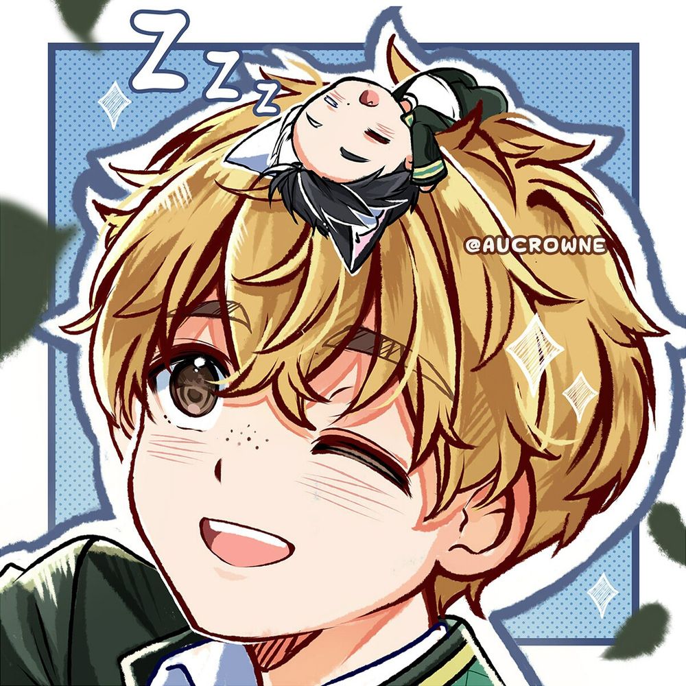 A tiny Sakunyan taking a comfortable nap on Nirei's head
