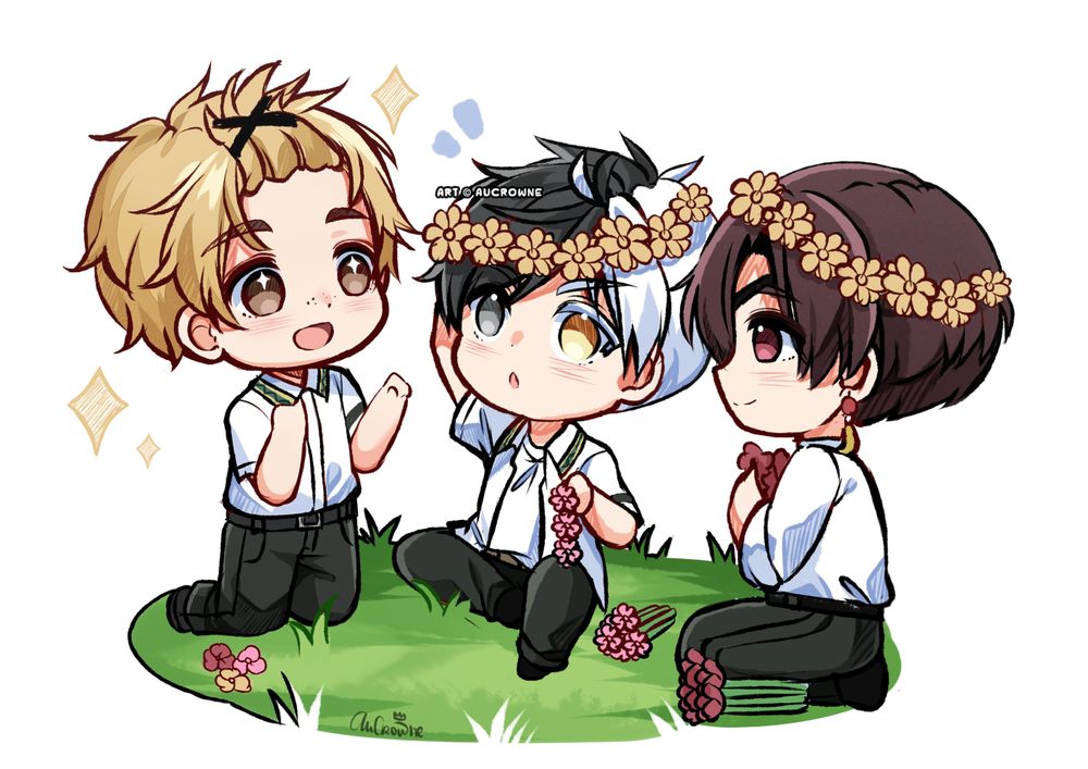 Chibi Nirei, Sakura and Suo are making flower crowns for each other. Nirei looks proudly at the flower crowns he had finished making while both Sakura and Suo are still in the process of making theirs. 