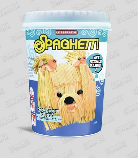 photo of the stressball version of le sserafims new album. the package looks like an instant noodle box and you can see a little dog made of spaghetti that's the stressball inside on the cover