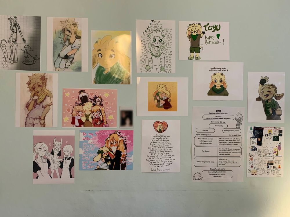 It's fanart on a wall!
Also my 2025 resolution planning thing!
(I actually commissioned the two by bread_destroyer, but I'm counting them.)