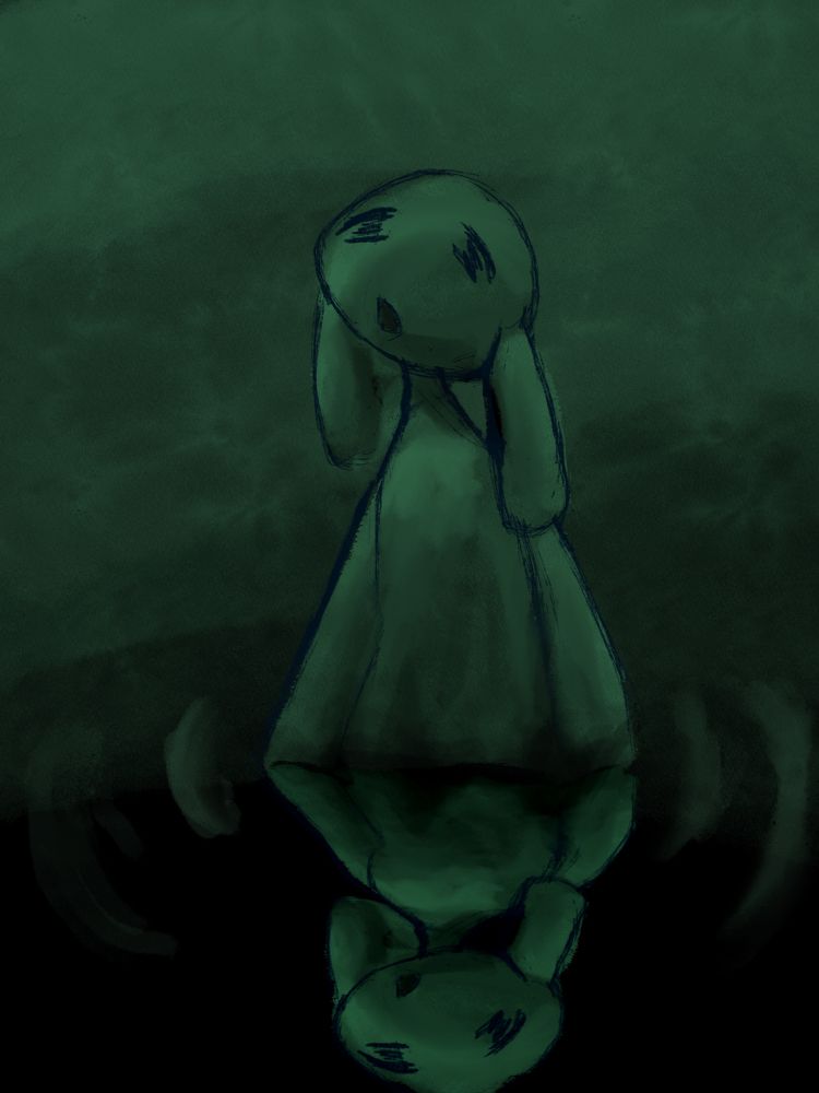 a green-and-black painting of a slime-like, Teiyu-like creature wading through what seems to be a bog.
looking up at a somewhat brighter sky above with bleary eyes, its arms are still stuck in the muck, held in place with its reflection, which appears to gaze into the depths below.