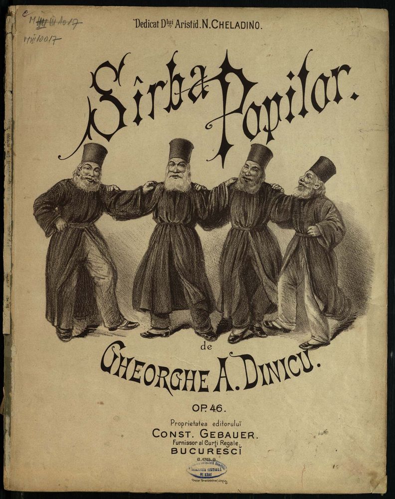 cover of an old published sheet music score, Sirba Popilar de Gheorghe A. Dinicu, Op. 46, printed in Bucharest. The cover has an illustration of 4 Romanian priests doing a folk dance, clasping each others shoulders and stepping.