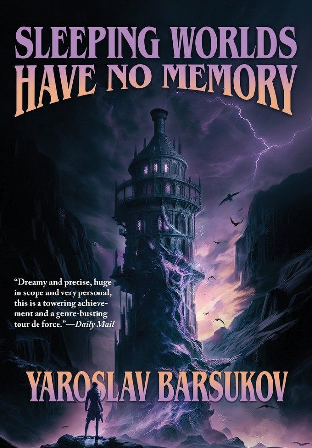 The book cover, featuring a terrifying tower, seagulls, and a person and their feed. Colors are shades of purple.