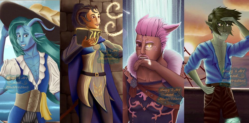 A compilation of my four best and recent artworks. The first image portrays a tiefling character wearing a pirate outfit with the ocean behind them. The second image is another tiefling holding a book and wearing a magic researcher's uniform. The third image is a Final Fantasy XIV Miqo'te standing in front of a bright beam of light. The fourth and final image shows a half-orc character standing on the deck of a ship out at sea with a sunset behind them.