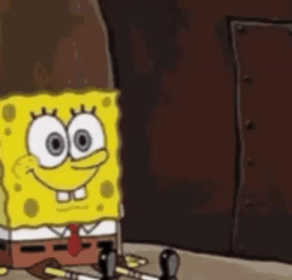 a cartoon of spongebob squarepants sitting on the floor next to a door .