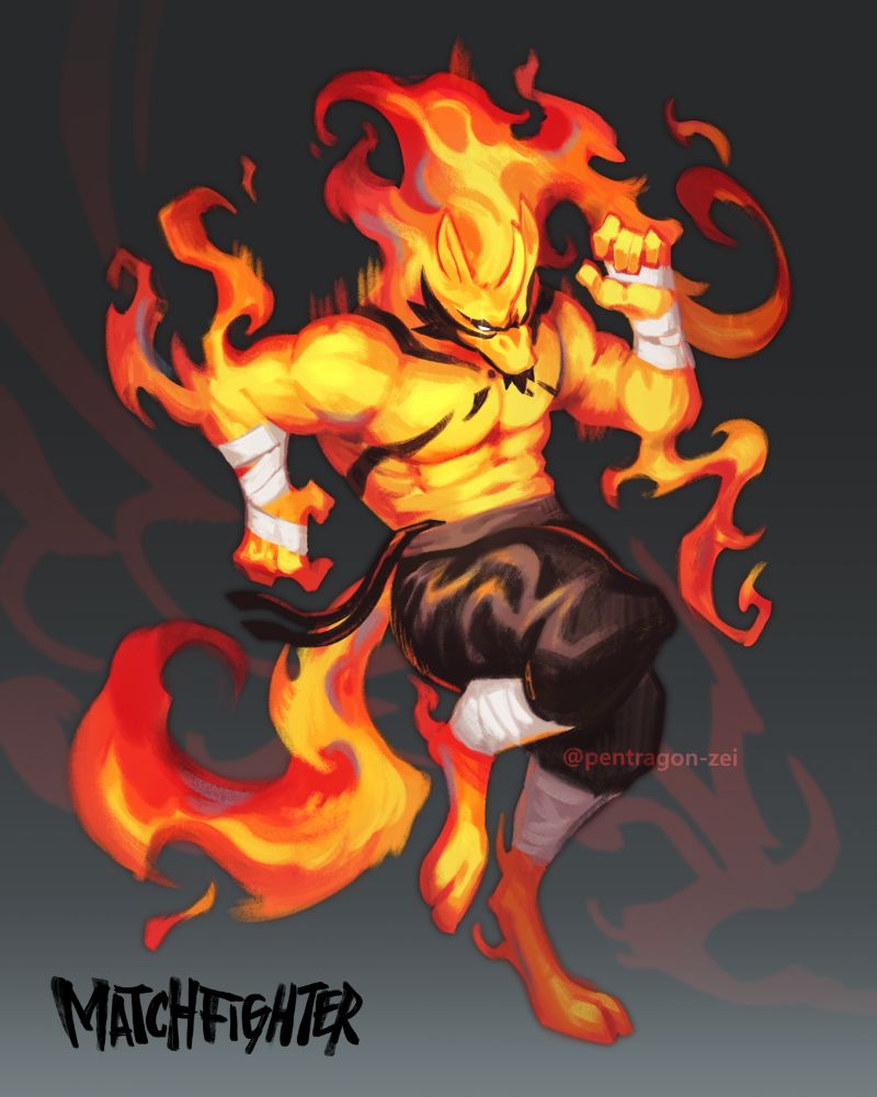 Full body painting of a horned fire elemental. He is posed in a fighting stance (of some kind lol) with one knee up
