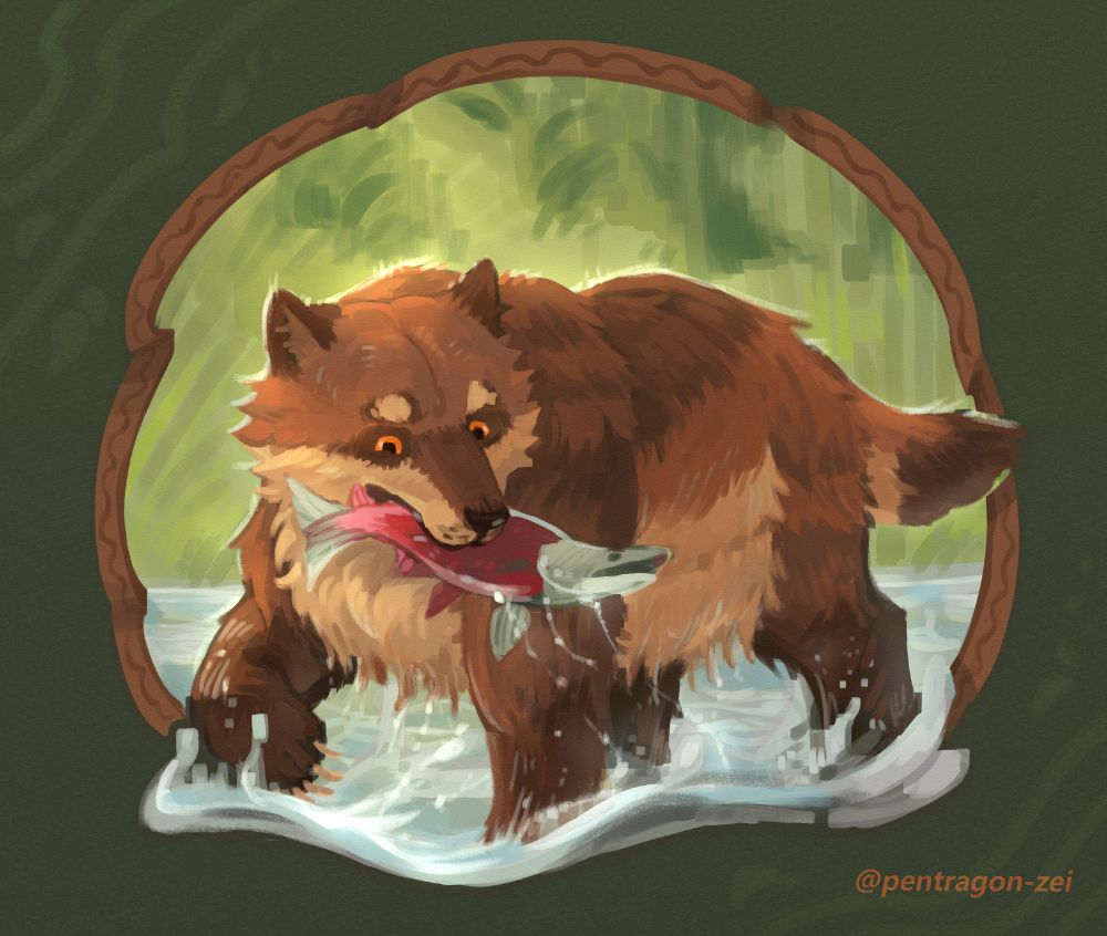 An illustration of a grizzly wolf bear catching a salmon and framed in a roundish wooden frame. The scene is set in daytime in a forest river. He looks pleased at his fine catch. :]