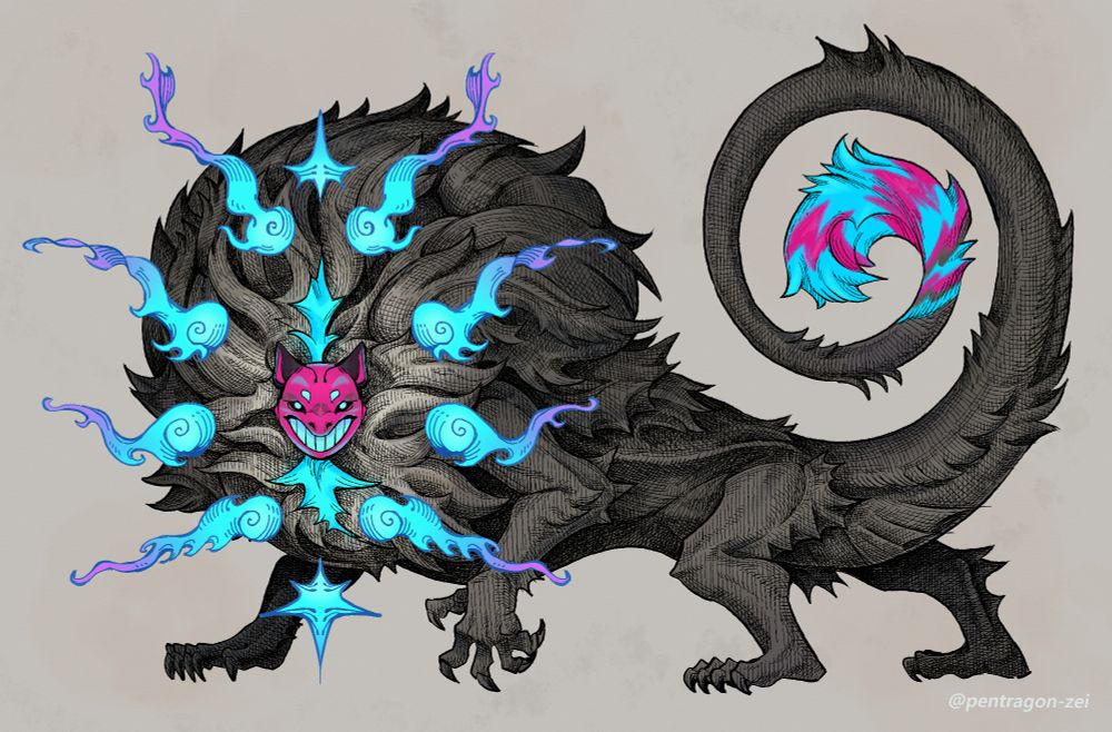 A very fuzzy cat monster with blue-purple wisps around its magenta mask-face. It has very large spherical mane and its tail curls into a spiral while looking at the viewer.